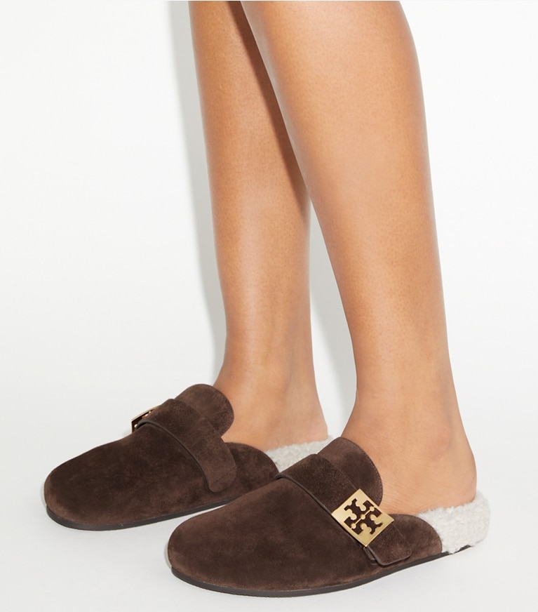 Tory Burch designer flats Mellow Mule in DARK COCOA / TAUPE angle