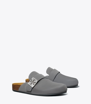 Tory Burch designer flats Mellow Mule in CHARCOAL GRAY / SILVER angle
