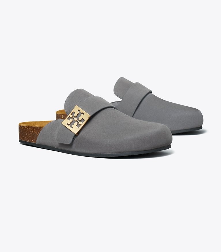 Tory Burch designer flats Mellow Mule in CHARCOAL GRAY / SILVER angle