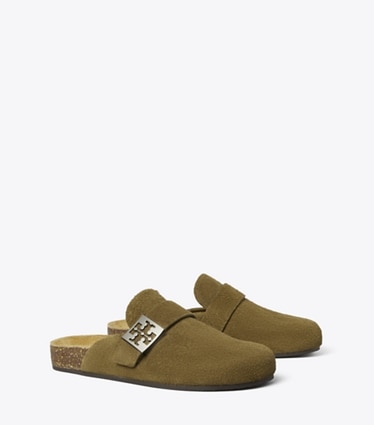 Tory Burch designer flats Mellow Mule in WILD OLIVE / SILVER angle