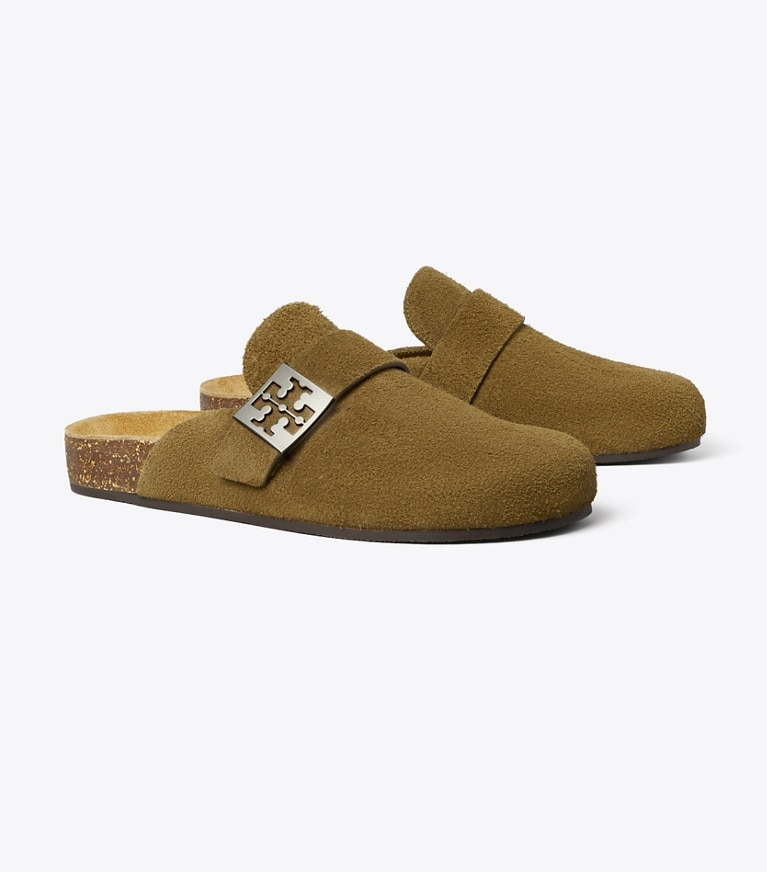 Tory Burch designer flats Mellow Mule in WILD OLIVE / SILVER angle