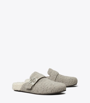 Tory Burch designer flats Mellow Mule in FOG GRAY / TAUPE angle