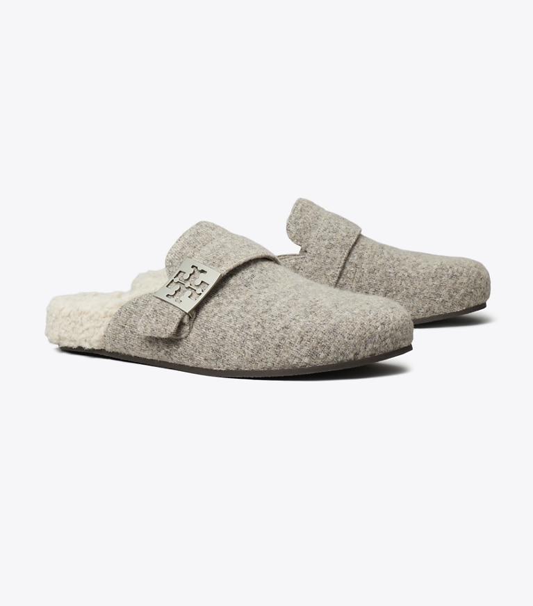Tory Burch designer flats Mellow Mule in FOG GRAY / TAUPE angle