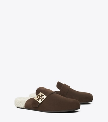 Tory Burch designer flats Mellow Mule in DARK COCOA / TAUPE angle