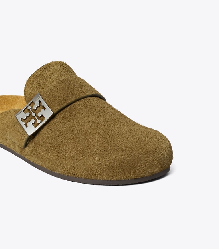 Tory Burch designer flats Mellow Mule in WILD OLIVE / SILVER angle