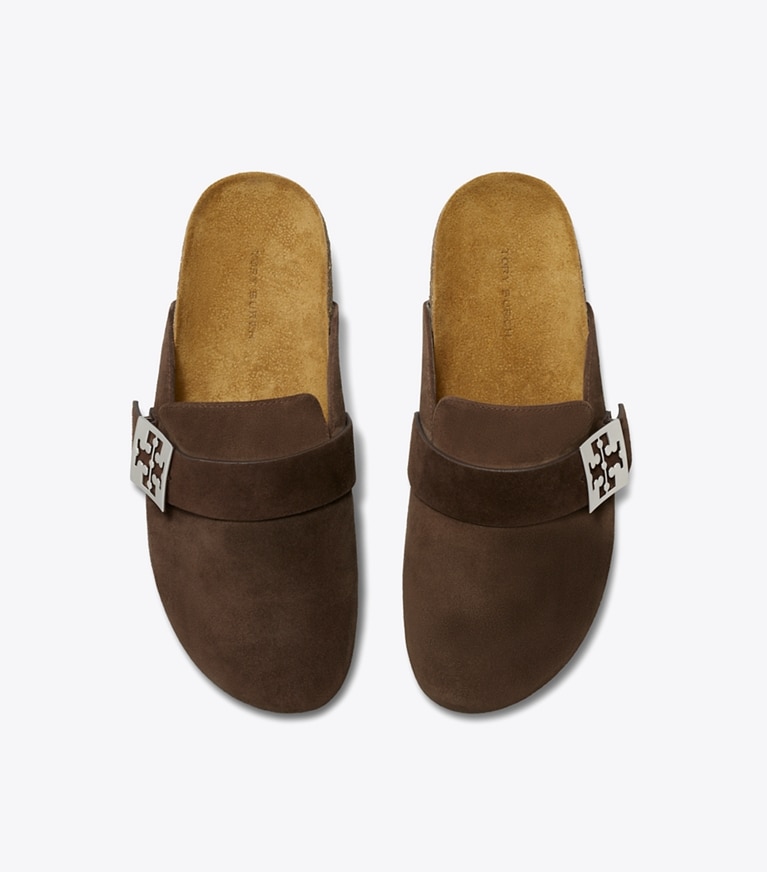 Tory Burch designer flats Mellow Mule in DARK COCOA / SILVER angle