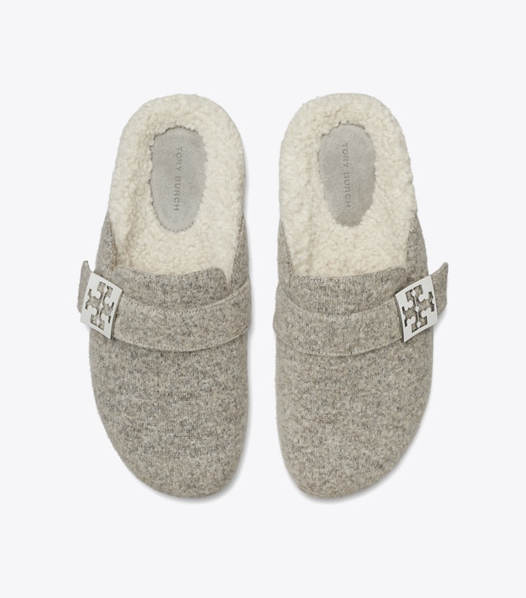 Tory Burch designer flats Mellow Mule in FOG GRAY / TAUPE angle