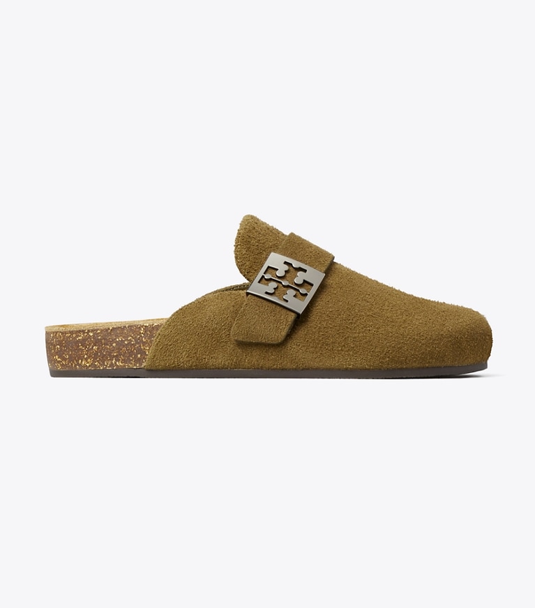 Tory Burch designer flats Mellow Mule in WILD OLIVE / SILVER angle