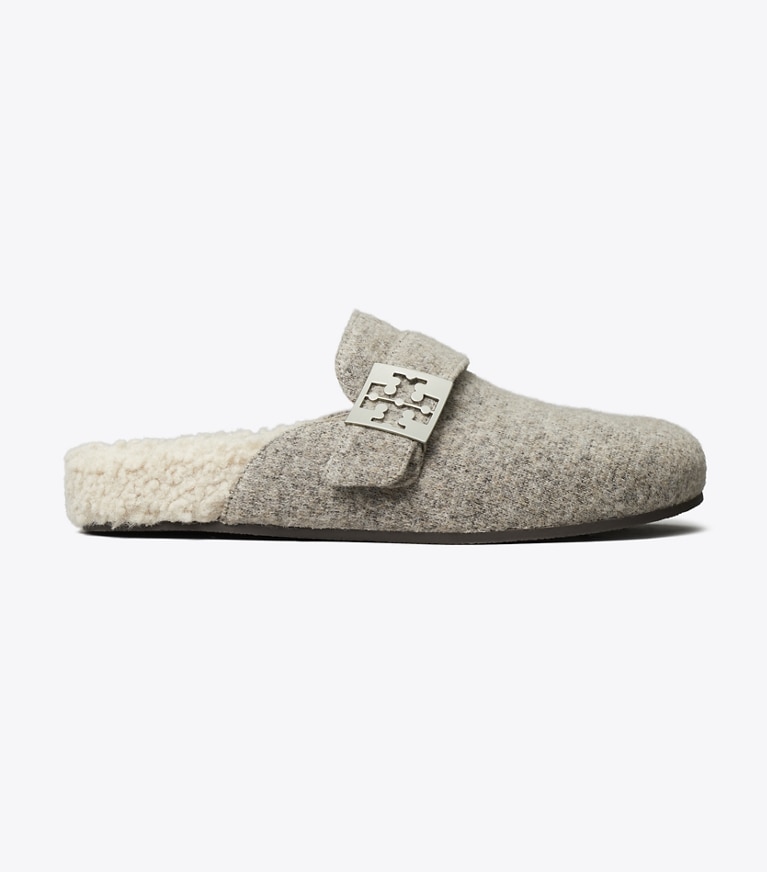 Tory Burch designer flats Mellow Mule in FOG GRAY / TAUPE angle