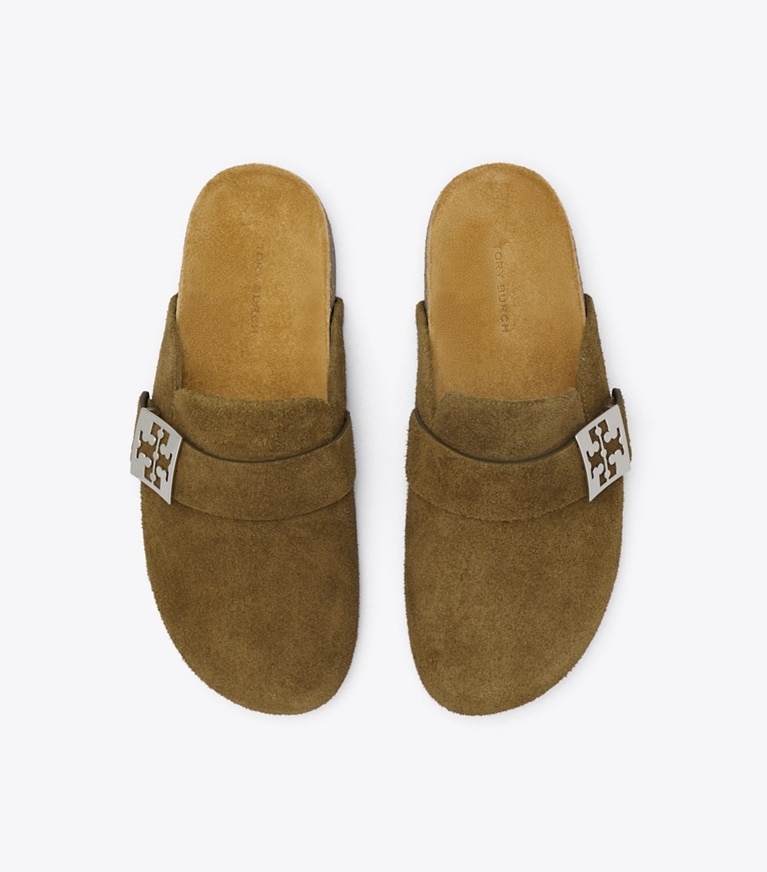 Tory Burch designer loafers Mellow Pantolette in WILD OLIVE / SILVER angle