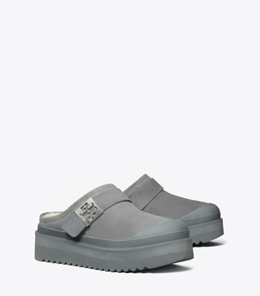 Tory Burch designer loafers Mellow Plateau-Pantolette in CHARCOAL GRAY / SILVER angle