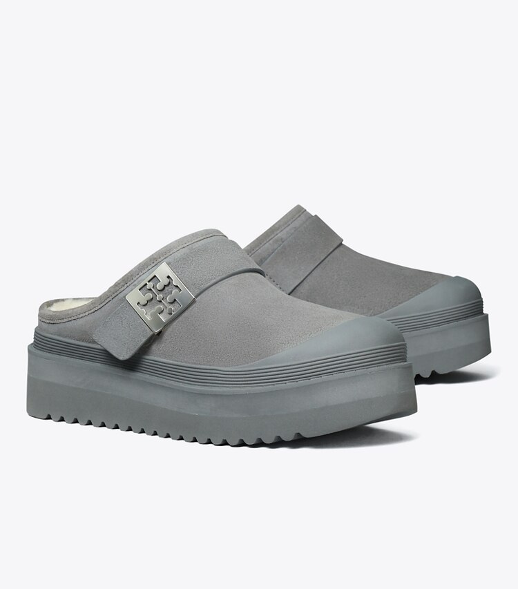 Tory Burch designer loafers Mellow Plateau-Pantolette in CHARCOAL GRAY / SILVER angle