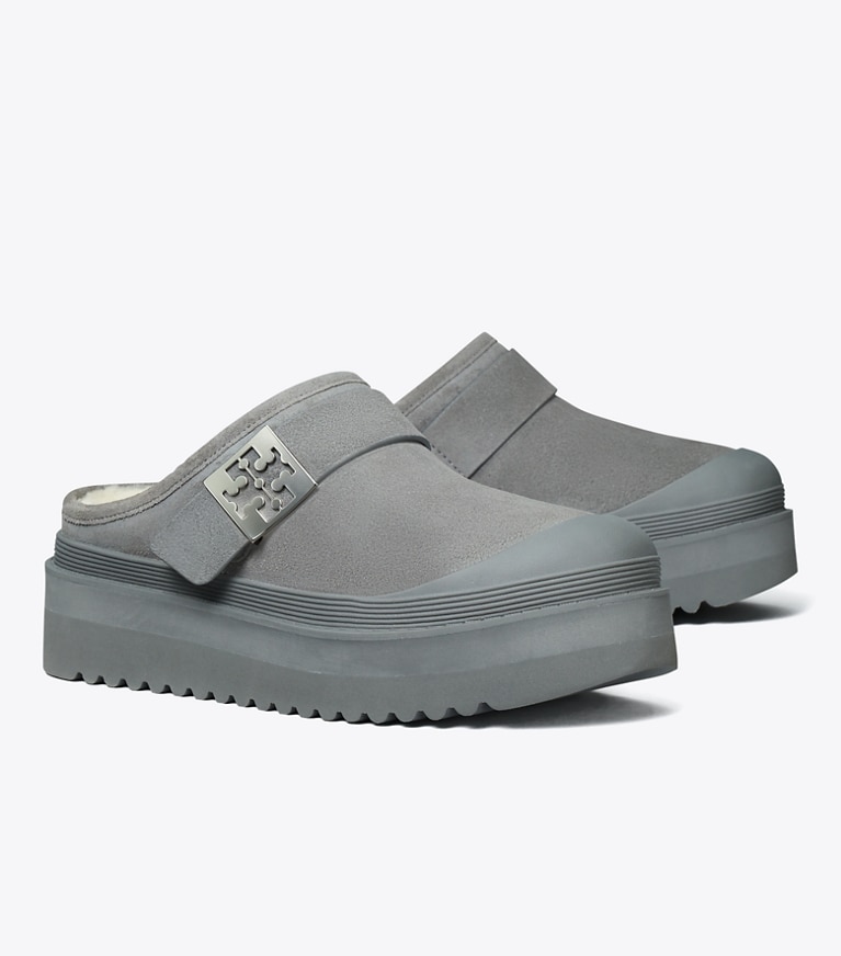 Tory Burch designer loafers Mellow Plateau-Pantolette in CHARCOAL GRAY / SILVER angle