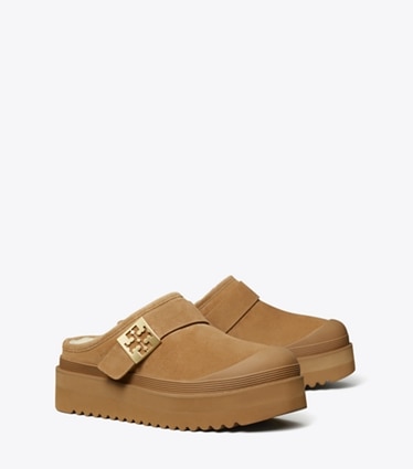 Tory Burch designer loafers Mellow Plateau-Pantolette in CHESTNUT / GOLD angle
