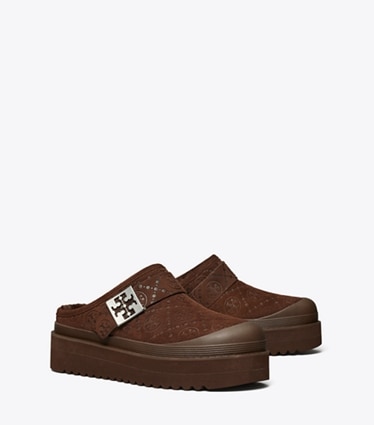 Tory Burch designer loafers Mellow Plateau-Pantolette in DARK COCOA T MONOGRAM / SILVER angle