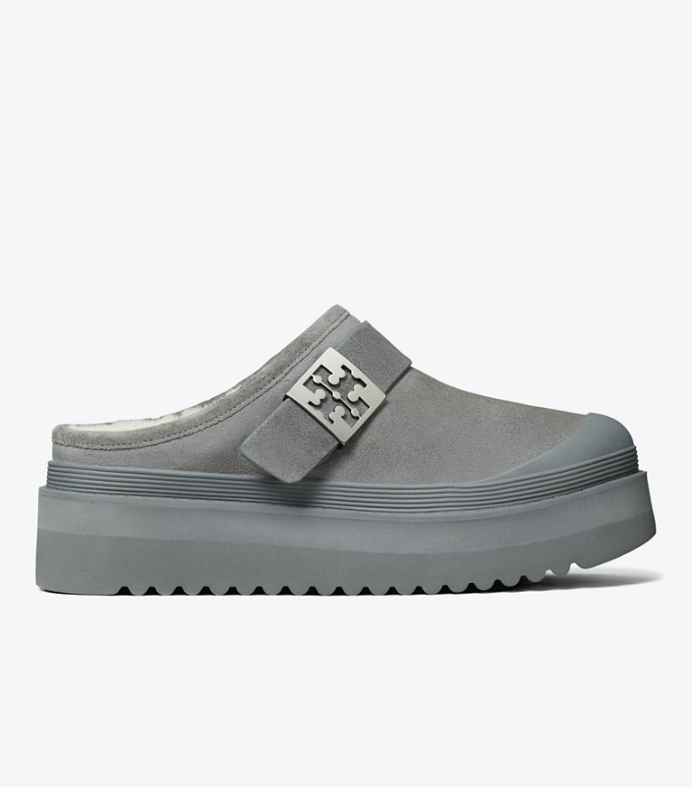 Tory Burch designer loafers Mellow Plateau-Pantolette in CHARCOAL GRAY / SILVER angle