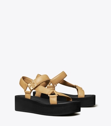 Tory Burch designer sandalen Mellow Plateau-Sandale in GINGER SHORTBREAD / GOLD / PERFECT BLACK angle