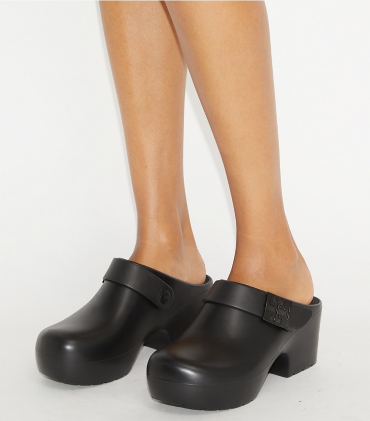 Tory Burch designer flats Mellow Platform Heeled Clog in PERFECT BLACK additional on model