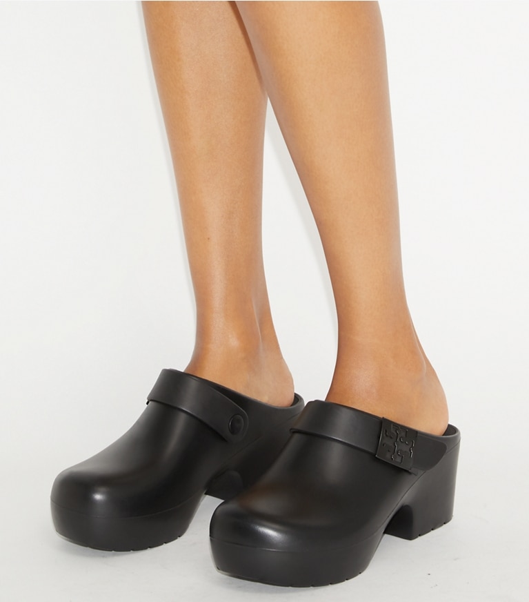 Tory Burch designer flats Mellow Platform Heeled Clog in PERFECT BLACK angle