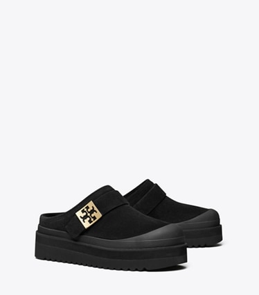 Tory Burch designer flats Mellow Platform Mule in PERFECT BLACK / GOLD angle