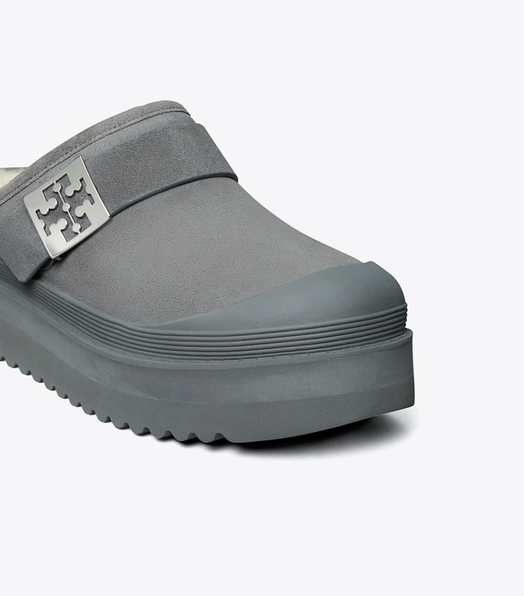 Tory Burch designer flats Mellow Platform Mule in CHARCOAL GRAY / SILVER detail