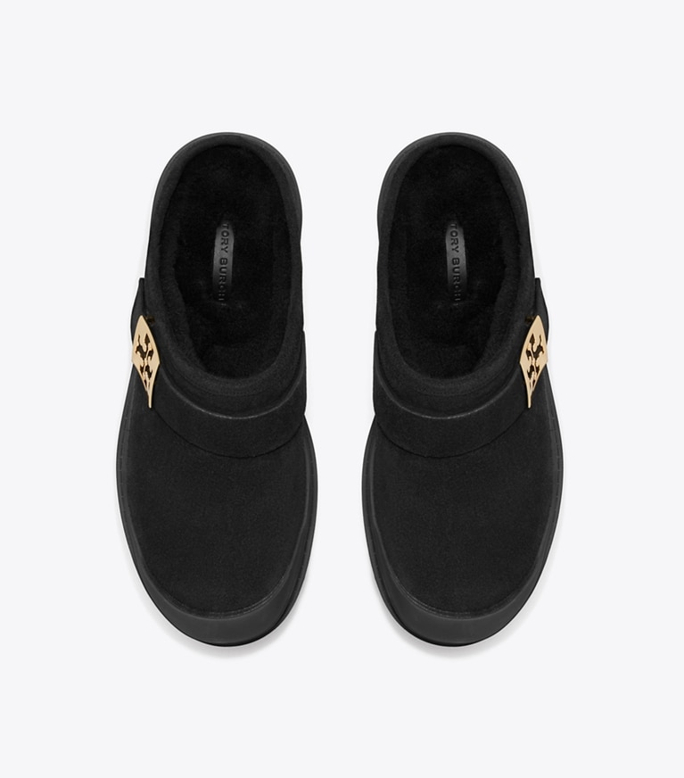 Tory Burch designer flats Mellow Platform Mule in PERFECT BLACK / GOLD angle