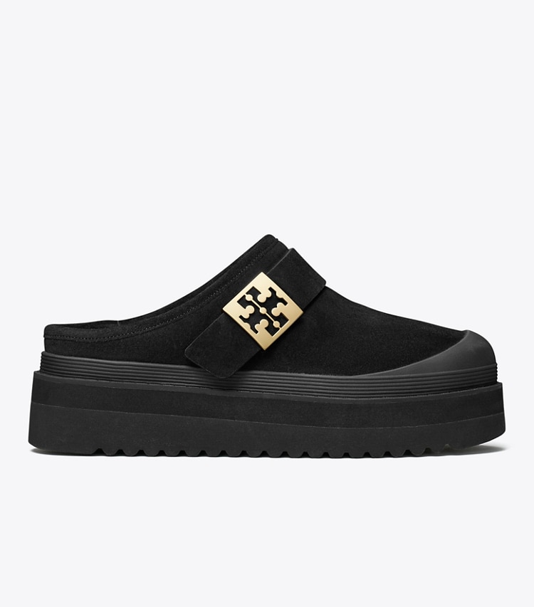 Tory Burch designer flats Mellow Platform Mule in PERFECT BLACK / GOLD side