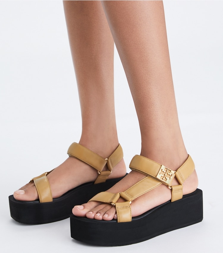 Tory Burch designer sandals Mellow Platform Sandal in GINGER SHORTBREAD / GOLD / PERFECT BLACK additional on model