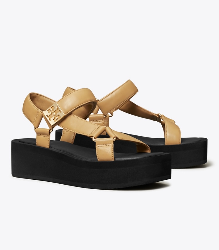 Tory Burch designer sandals Mellow Platform Sandal in GINGER SHORTBREAD / GOLD / PERFECT BLACK angle