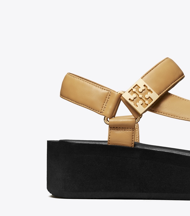 Tory Burch designer sandals Mellow Platform Sandal in GINGER SHORTBREAD / GOLD / PERFECT BLACK angle