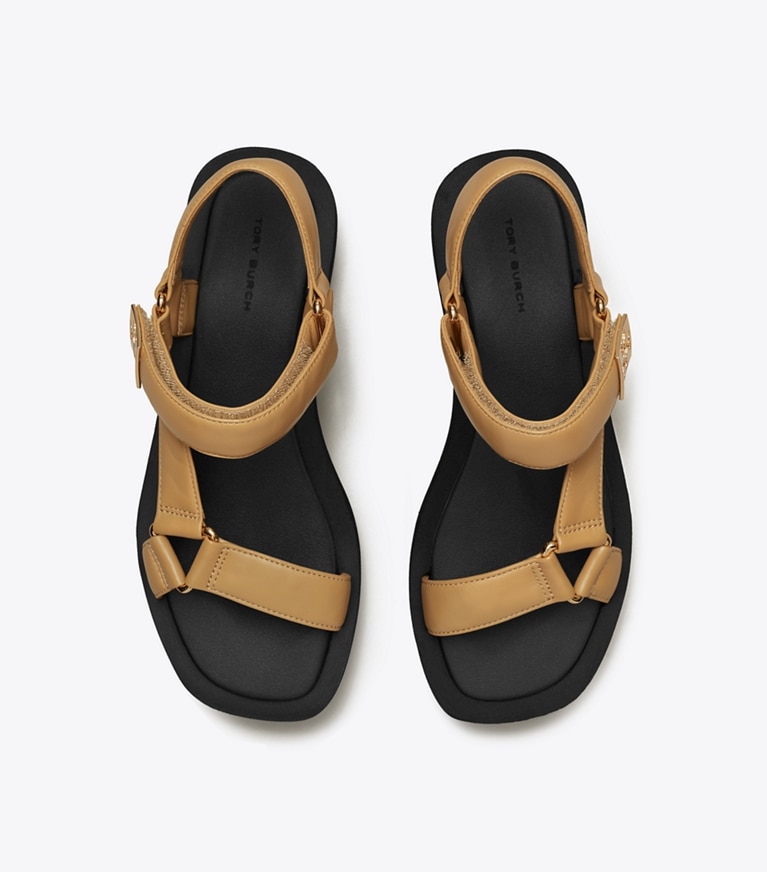 Tory Burch designer sandals Mellow Platform Sandal in GINGER SHORTBREAD / GOLD / PERFECT BLACK angle