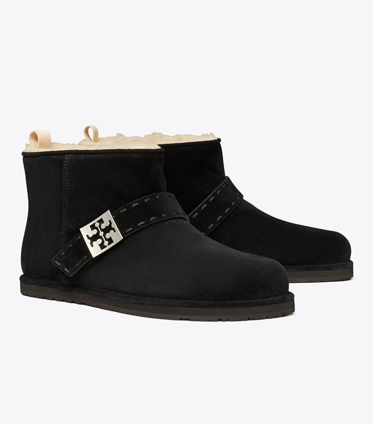Tory Burch designer ankle boots Mellow Shearling Ankle Boot in PERFECT BLACK / SILVER angle