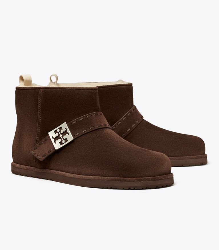 Tory Burch designer ankle boots Mellow Shearling Ankle Boot in DARK COCOA / SILVER angle