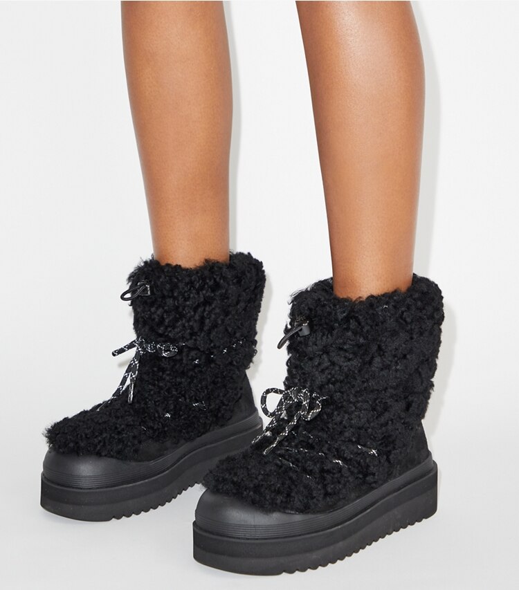 Tory Burch designer boots Mellow Shearling Lace-Up Boot in PERFECT BLACK / PERFECT BLACK accessory on model
