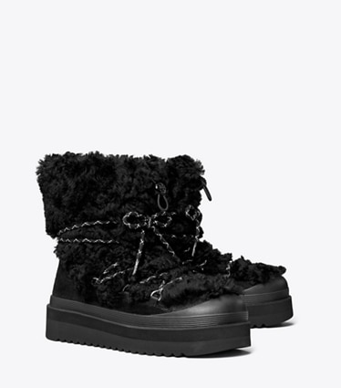 Tory Burch designer boots Mellow Shearling Lace-Up Boot in PERFECT BLACK / PERFECT BLACK angle
