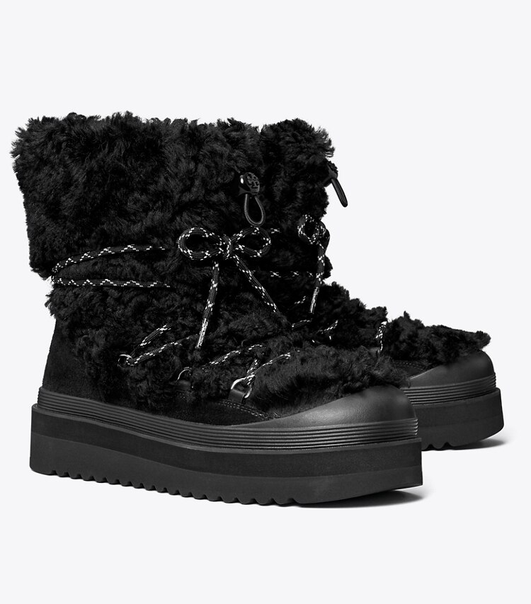 Tory Burch designer boots Mellow Shearling Lace-Up Boot in PERFECT BLACK / PERFECT BLACK angle