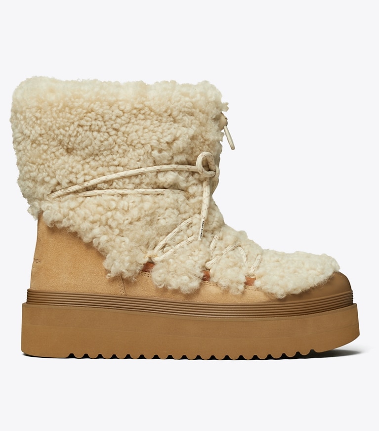 Tory Burch designer boots Mellow Shearling Lace-Up Boot in BUTTERMILK / LIGHT CHESTNUT angle
