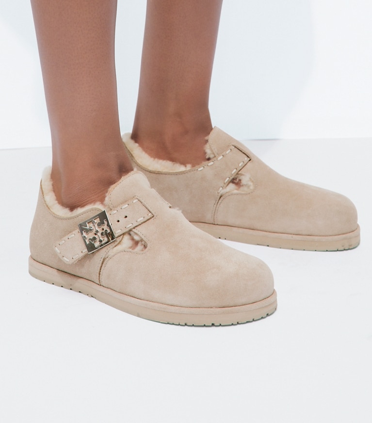 Tory Burch designer flats Mellow Shearling Mary Jane in AVOLA / SILVER accessory on model