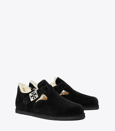 Tory Burch designer flats Mellow Shearling Mary Jane in PERFECT BLACK / SILVER angle