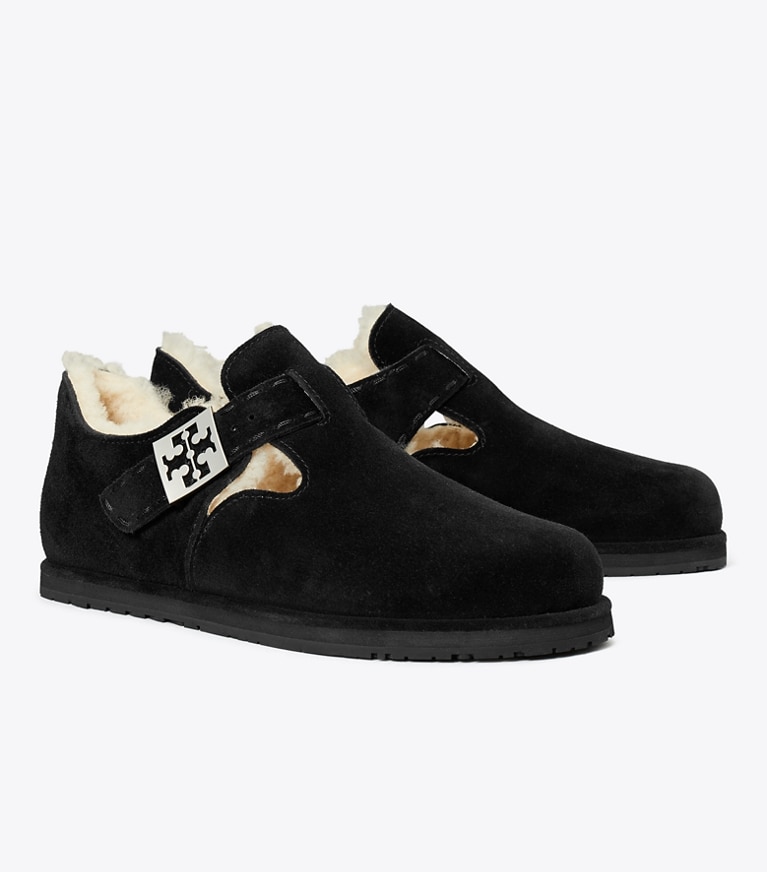 Tory Burch designer flats Mellow Shearling Mary Jane in PERFECT BLACK / SILVER angle