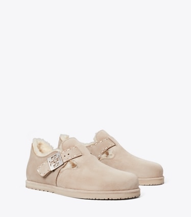 Tory Burch designer flats Mellow Shearling Mary Jane in AVOLA / SILVER angle