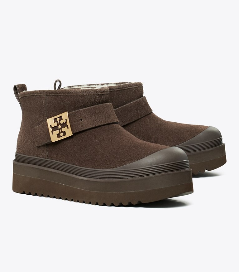 Tory Burch designer boots Mellow Shearling Platform Boot in DEEP ESPRESSO / GOLD angle