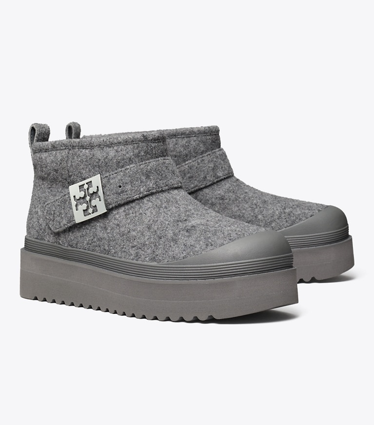 Tory Burch designer ankle boots Mellow Shearling Platform Boot in STORM CLOUD / SILVER angle