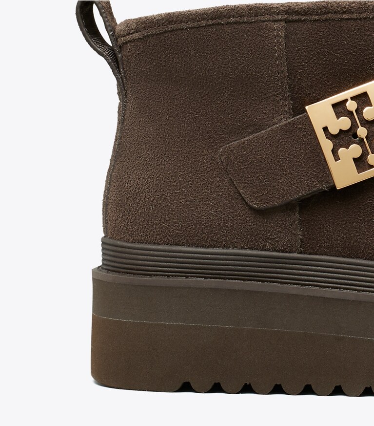 Tory Burch designer boots Mellow Shearling Platform Boot in DEEP ESPRESSO / GOLD detail