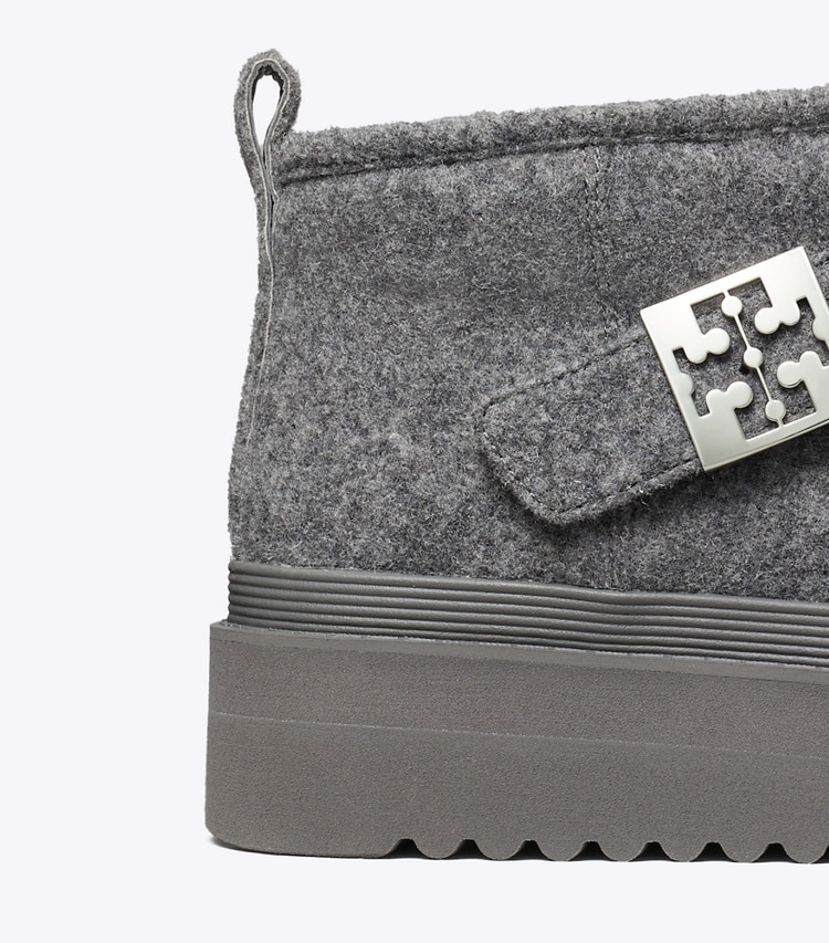 Tory Burch designer ankle boots Mellow Shearling Platform Boot in STORM CLOUD / SILVER detail