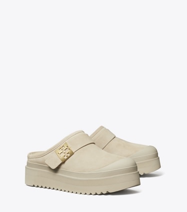 Tory Burch designer flats Mellow Shearling Platform Mule in CALCARE / GOLD angle