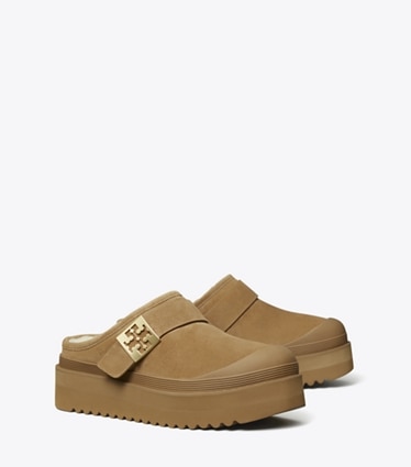 Tory Burch designer フラット メロー プラットフォームミュール in CHESTNUT / GOLD angle
