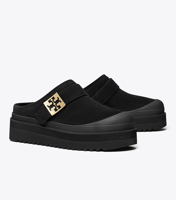 Tory Burch designer flats Mellow Shearling Platform Mule in PERFECT BLACK / GOLD angle