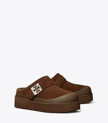 Tory Burch designer flats Mellow Shearling Platform Mule in DARK COCOA / SILVER angle