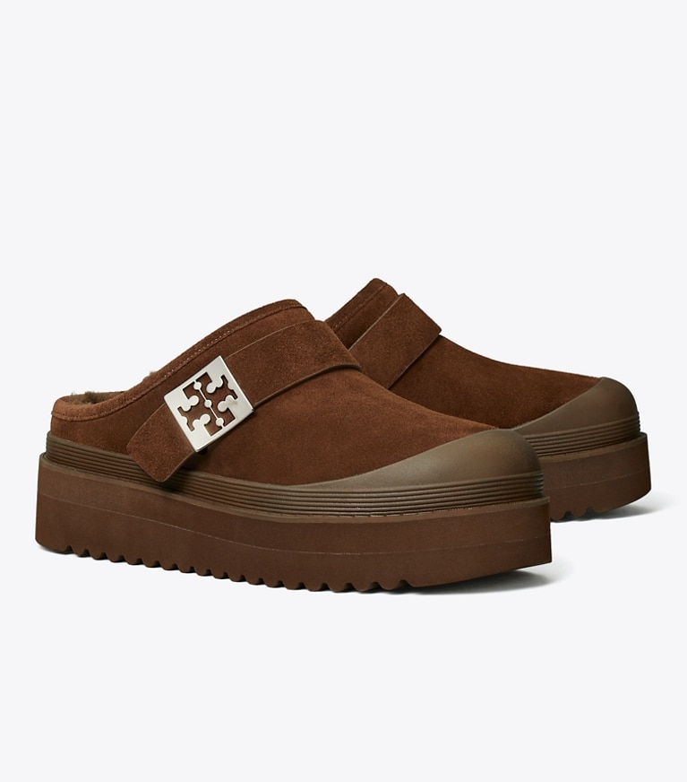 Tory Burch designer flats Mellow Shearling Platform Mule in DARK COCOA / SILVER angle